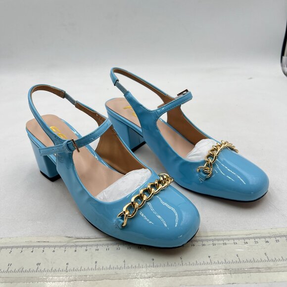 FSJ Sky Blue Slingback Heels Block Chunky Heel Pumps Square Toe Metal Chain Shoe - Picture 4 of 8